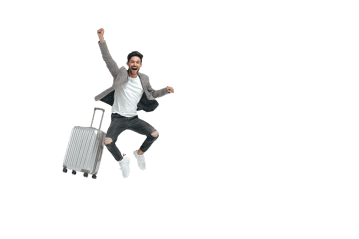 Excited man jumping with luggage, travel joy