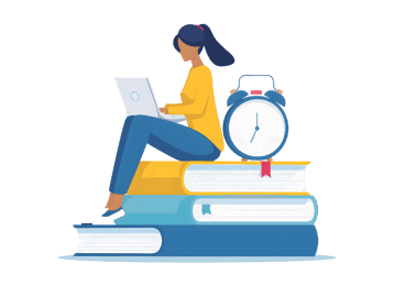 Student with laptop sitting on stack of books