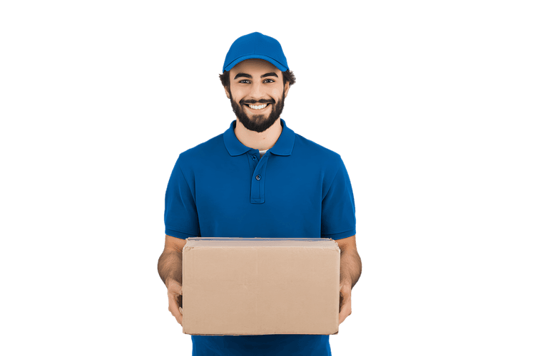 Smiling delivery man holding a package.