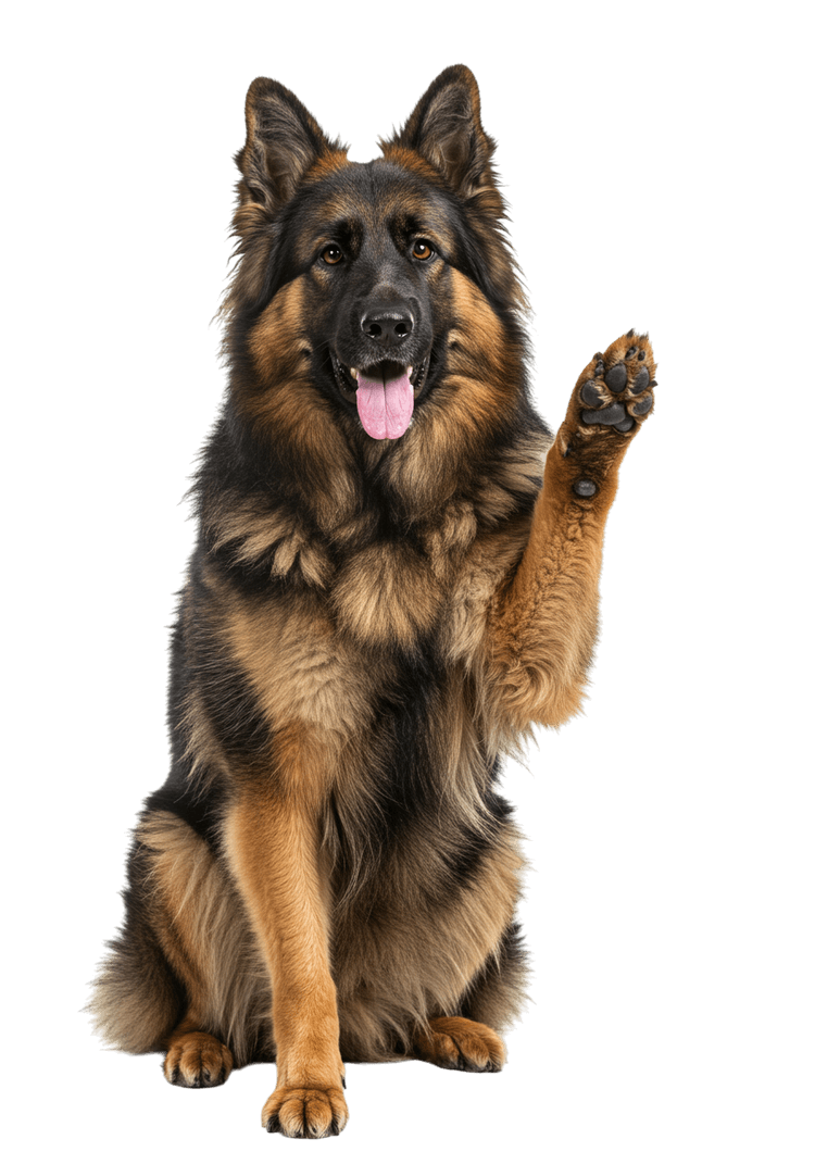 German shepherd dog giving paw on isolated background