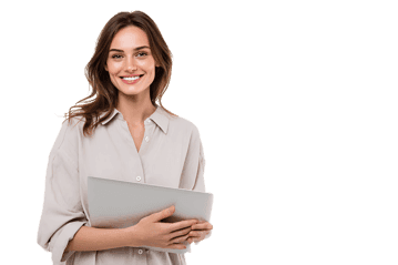 Smiling businesswoman holding a laptop.
