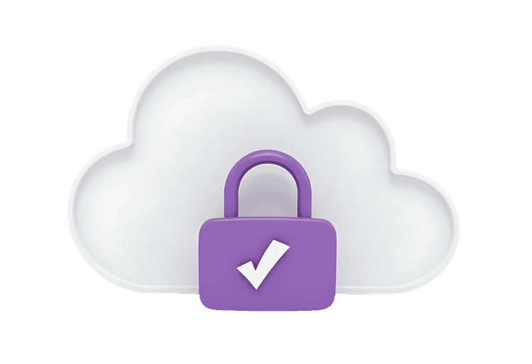 Purple padlock with checkmark on white cloud icon, representing secure cloud computing and data protection