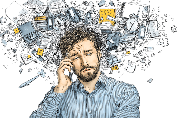 Stressed man on phone, surrounded by work chaos.  Concept of stress, pressure, and deadlines.