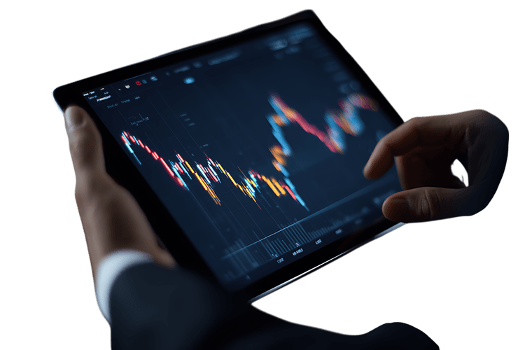 Close up of hands analyzing stock market data on tablet.