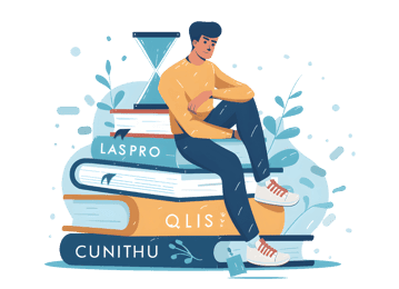 Student on books with hourglass illustrates education