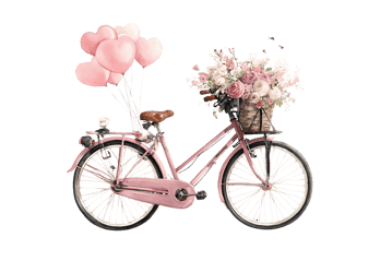 Romantic pink bicycle adorned with flowers and heart balloons.