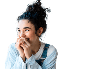 Smiling woman with joyful expression, radiating positivity and happiness.