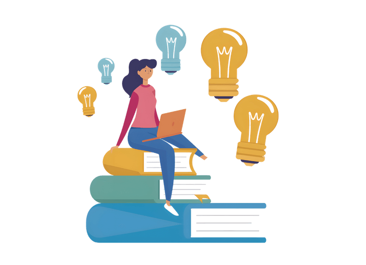 Student on books with laptop and lightbulb ideas