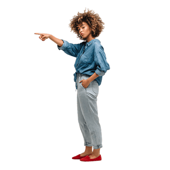 Young woman pointing her finger, giving directions or instructions.