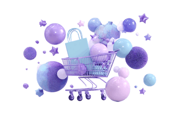 Pastel shopping cart with balloons and gift bags.