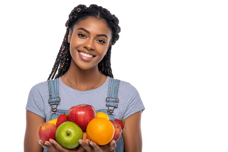 Smiling woman holding assorted fruits, promoting healthy eating and wellbeing.