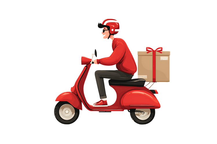 Delivery man on a red scooter carrying a gift box712.