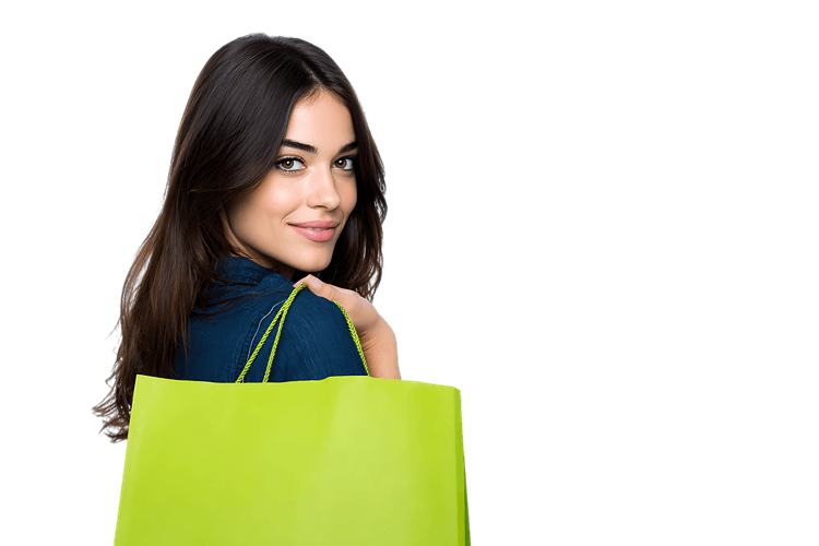 Woman with shopping bag, retail therapy, consumerism.