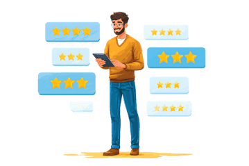 Happy customer reviewing star ratings on digital device.