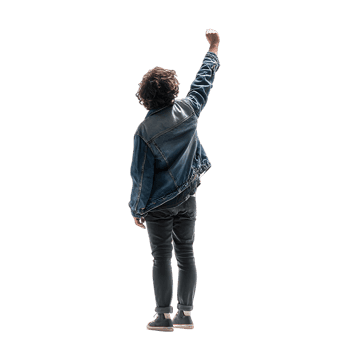 Rear view of a man raising his fist in a gesture of protest, power, and solidarity.