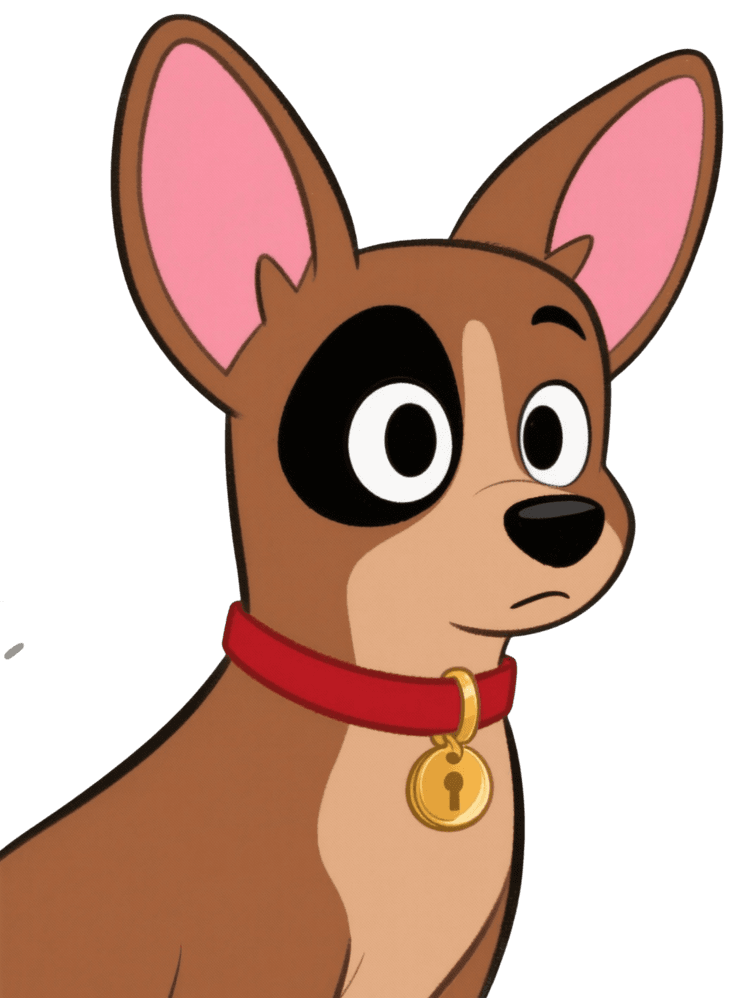 Cartoon dog with a red collar and gold key pendant