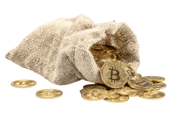 Sack overflowing with Bitcoin cryptocurrency coins.