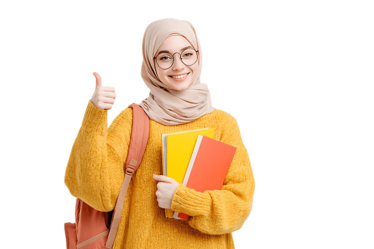 Happy young woman in hijab holding books, giving thumbs up.