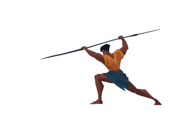 Dynamic illustration of a warrior wielding a spear.