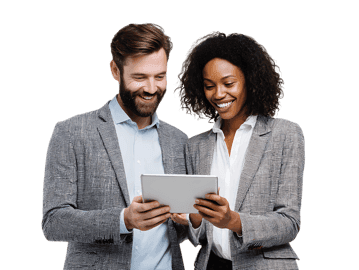 Smiling business people using tablet, teamwork and technology.