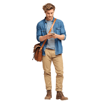 Young man with messenger bag checking his phone.
