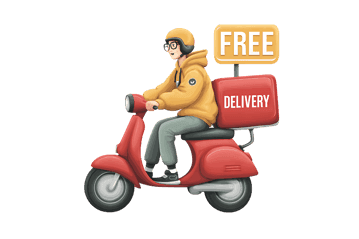 Cartoon delivery person on a scooter offering free delivery.