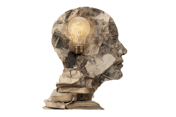 Head made of books with a lightbulb inside, symbolizing idea generation and knowledge.
