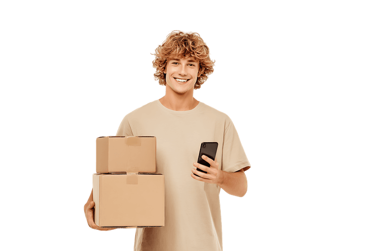 Happy delivery man holding cardboard boxes and smartphone