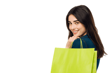 Smiling woman with shopping bags, enjoying retail therapy.