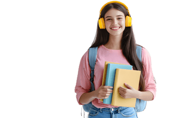 Smiling student with headphones and books, ready for learning