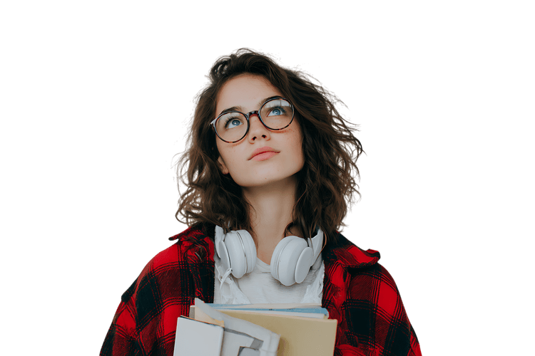 Young woman contemplating, holding books, educational aspirations.