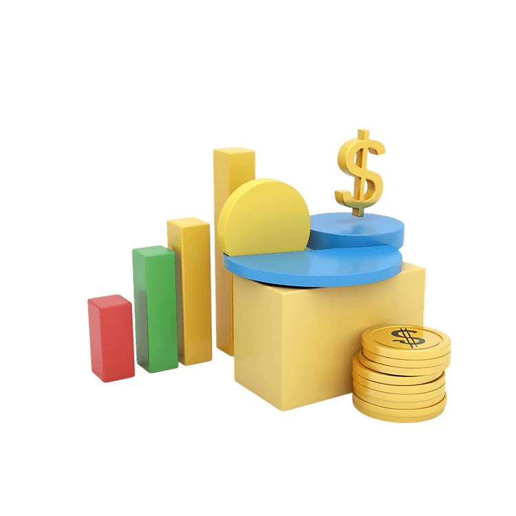 Colorful 3D chart elements with dollar sign and coins representing financial growth and business success