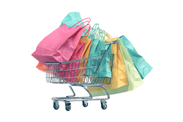 Colorful shopping bags overflowing from a mini shopping cart953.