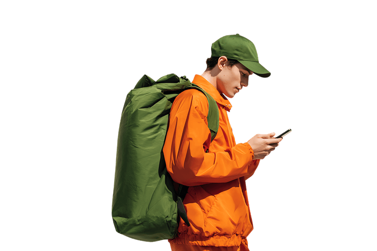 Courier with backpack using phone for navigation