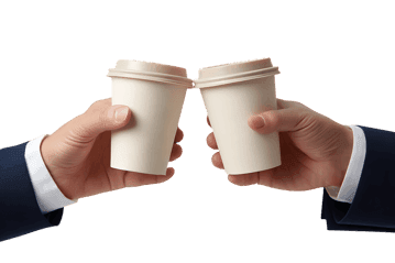 Two businessmen in suits toasting with coffee cups, symbolizing a successful deal or partnership.