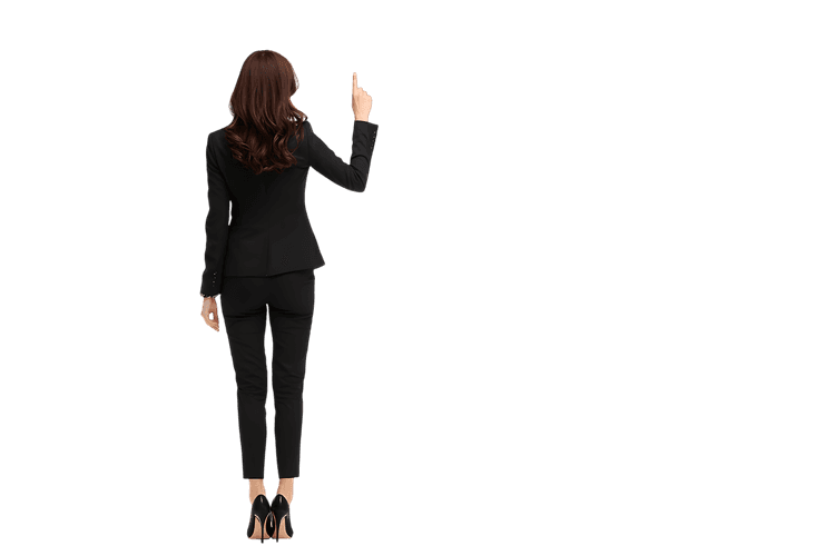 Businesswoman interacts with a touchscreen, great for technology and corporate presentations.