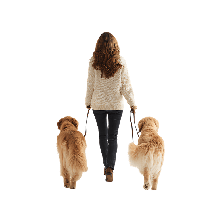 Rear view of a woman walking two golden retriever dogs.