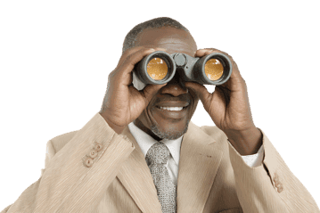 Smiling businessman looking through binoculars.