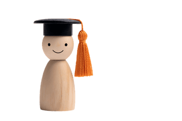 Wooden graduate figure, graduation cap, tassel.