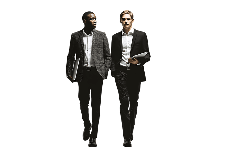 Two businessmen walk and talk in a dimly lit corridor, conveying a sense of purpose and professionalism.