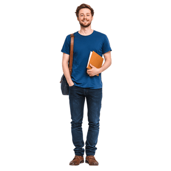Confident young man ready for class, holding book and bag.