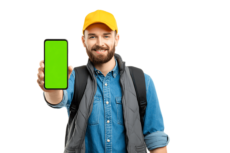Smiling man with backpack showing smartphone, green screen mockup.