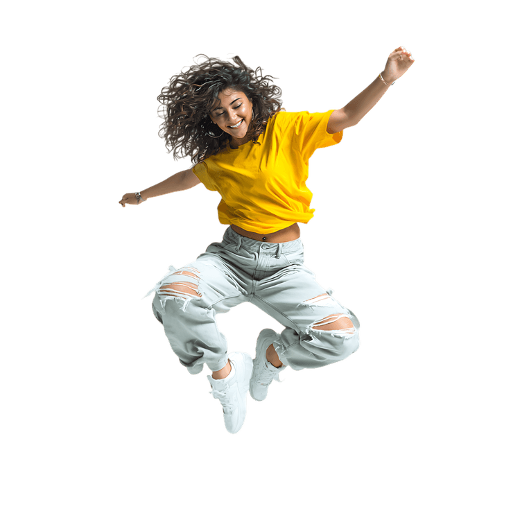 Young woman leaps with joy, expressing freedom and energy.