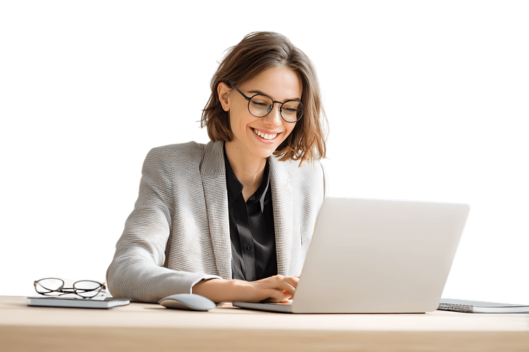 Smiling businesswoman working on laptop441