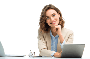 Smiling businesswoman working on tablet.