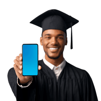 Happy black graduate showing smartphone with blue screen mockup, online education