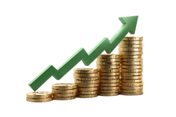 Stacks of coins with an upward arrow, symbolizing financial success and growth.