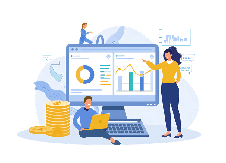 Business team analyzing financial data on computer screen