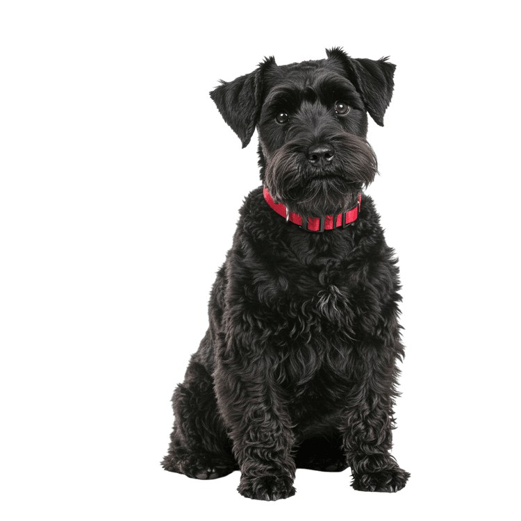 Black miniature schnauzer dog sitting with red collar