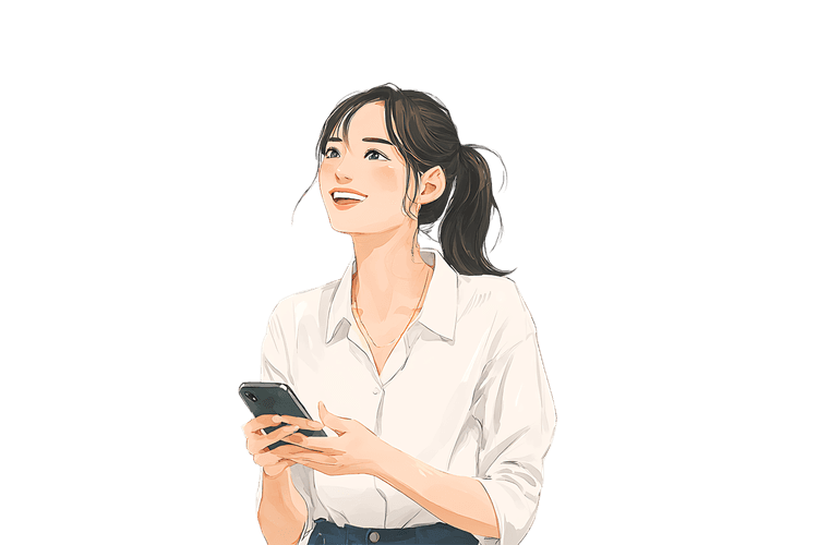 Smiling woman looking up while holding smartphone
